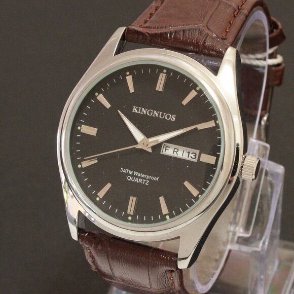 Men's Contemporary Dress Watch Silver Case Brown Leather Watch Strap 40mm - Picture 7 of 12